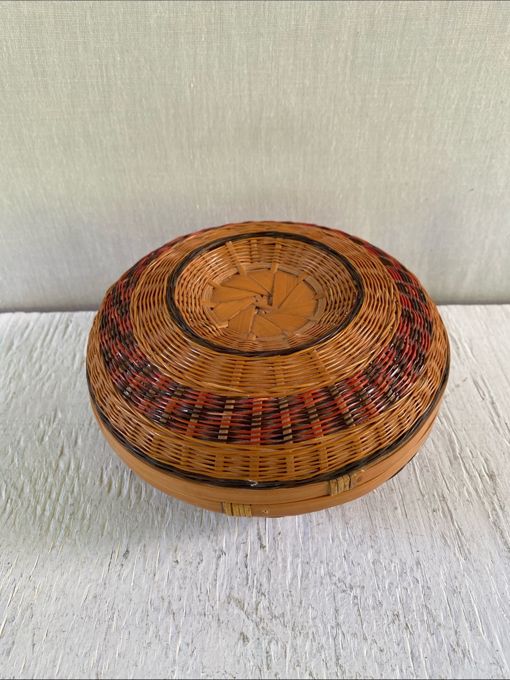 Handwoven Round Wicker/Bamboo Decorative Box - Brown with Red and Black Accents